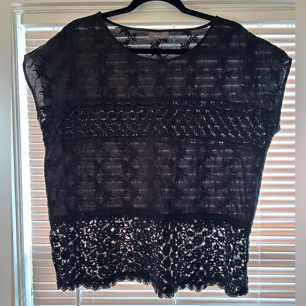 Women’s Yessica Black Short Sleeve Blouse - crochet detail - size Large